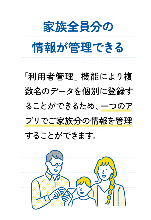 家族全員分の情報が管理できる : 「利用者管理」機能により複数名のデータを個別に登録することができるため、一つのアプリでご家族分の情報を管理することができます。