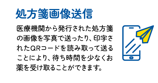 処方箋画像送信 : 医療機関から発行された処方せんの画像を写真で送ったり、印字されたQRコードを読み取って送ることにより、待ち時間を少なくお薬を受け取ることができます。