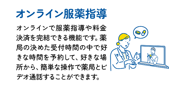 オンライン服薬指導 : 患者さんがオンライン上で服薬指導や料金決済を完結できる機能です。患者さんは予約した時間や好きな場所から、簡単な操作でビデオ通話で薬局と話すことができます。