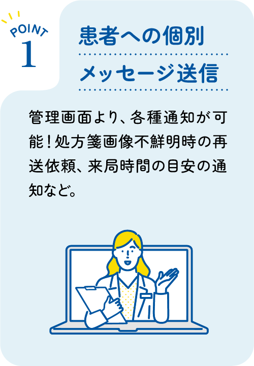 [POINT 1] 患者様への個別メッセージ送信 : 管理画面より、各種通知が可能！画像不鮮明時の再送依頼、来局時間の目安の通知など。