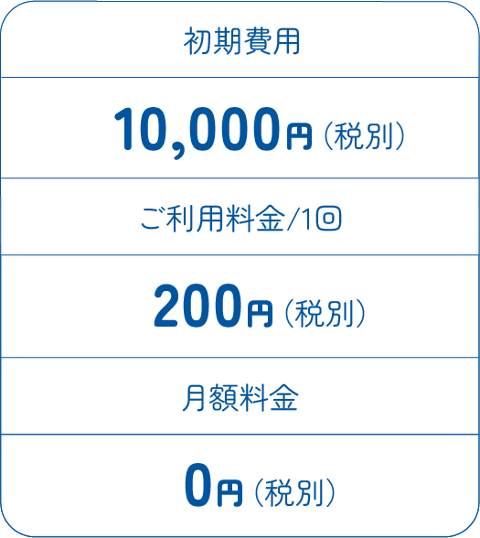 初期費用 10,000円（税別） ご利用料金/1回 200円（税別）