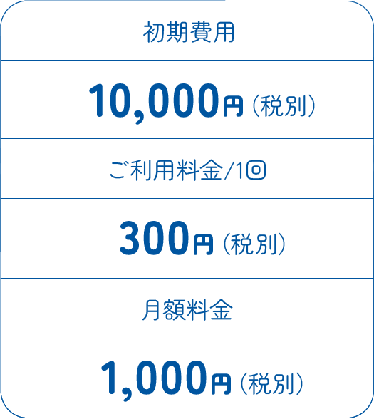 初期費用 10,000円（税別） ご利用料金/1回 100円（税別）