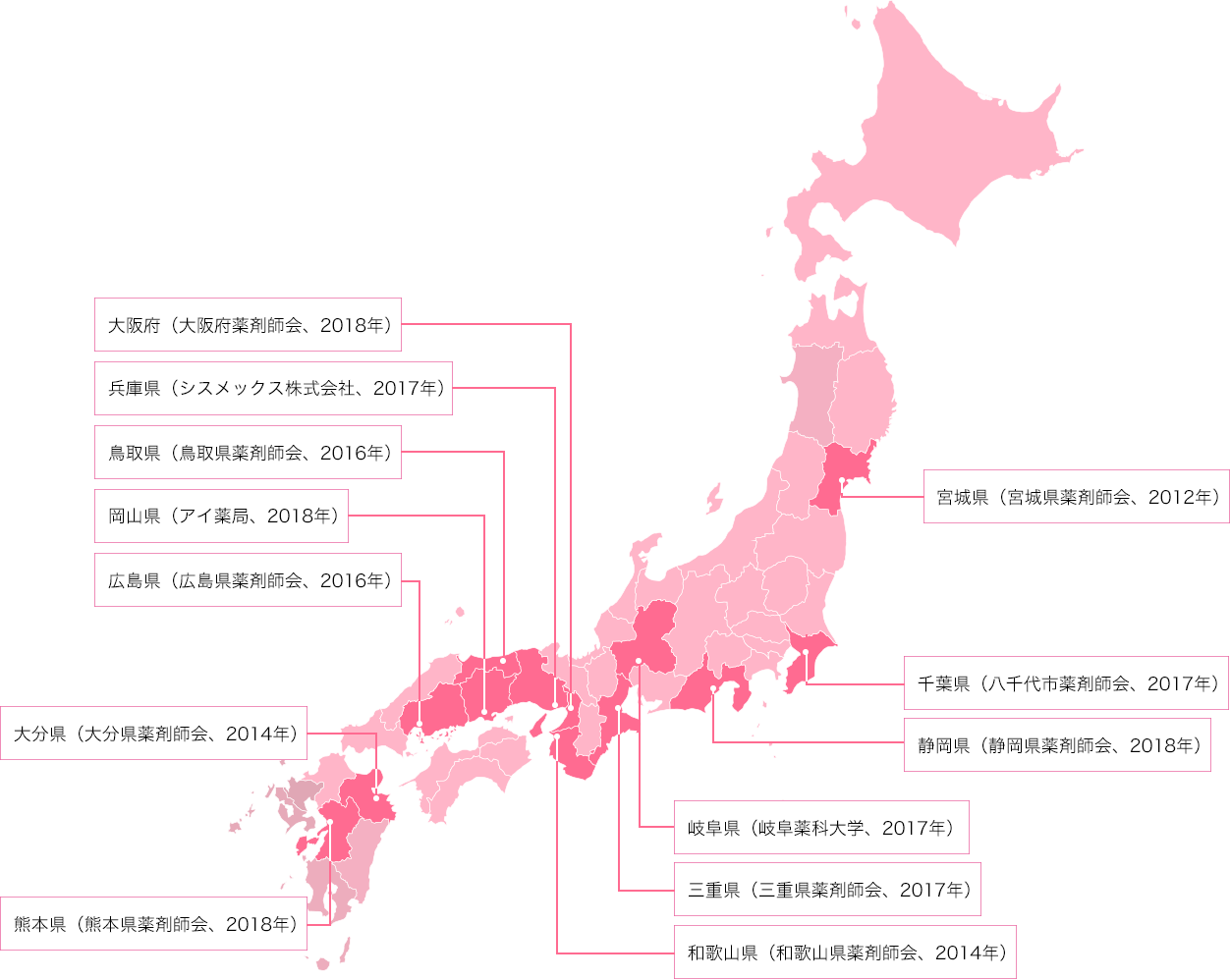 モバイルファーマシーが配置されている都道府県マップ